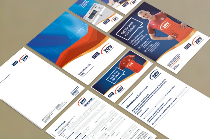 In einem Bild nicht darzustellen: Bei der ZEV wurde das Corporate Design von der Visitenkarte, über die Firmenkleidung bis hin zur Stadionwerbung durchdekliniert.